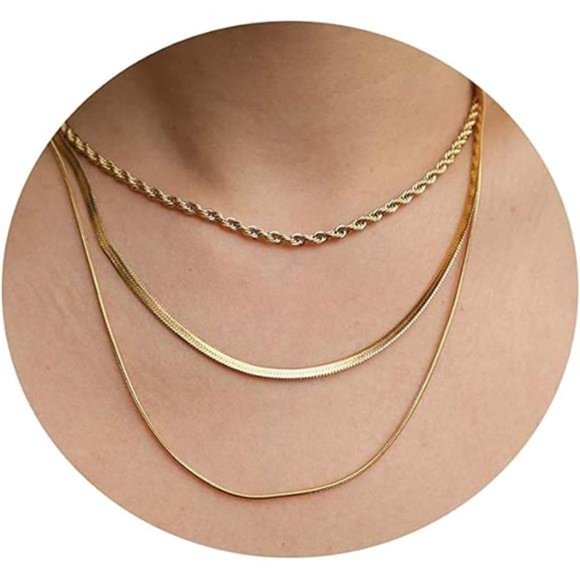 Tasiso 14K Gold Filled Herringbone Choker Necklace Set Double Layer - Picture 8 of 8
